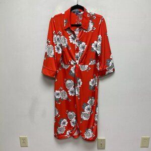 Roamans Womens Red Floral 3/4 Sleeve Twisted Front Button Up Collared Dress 14W